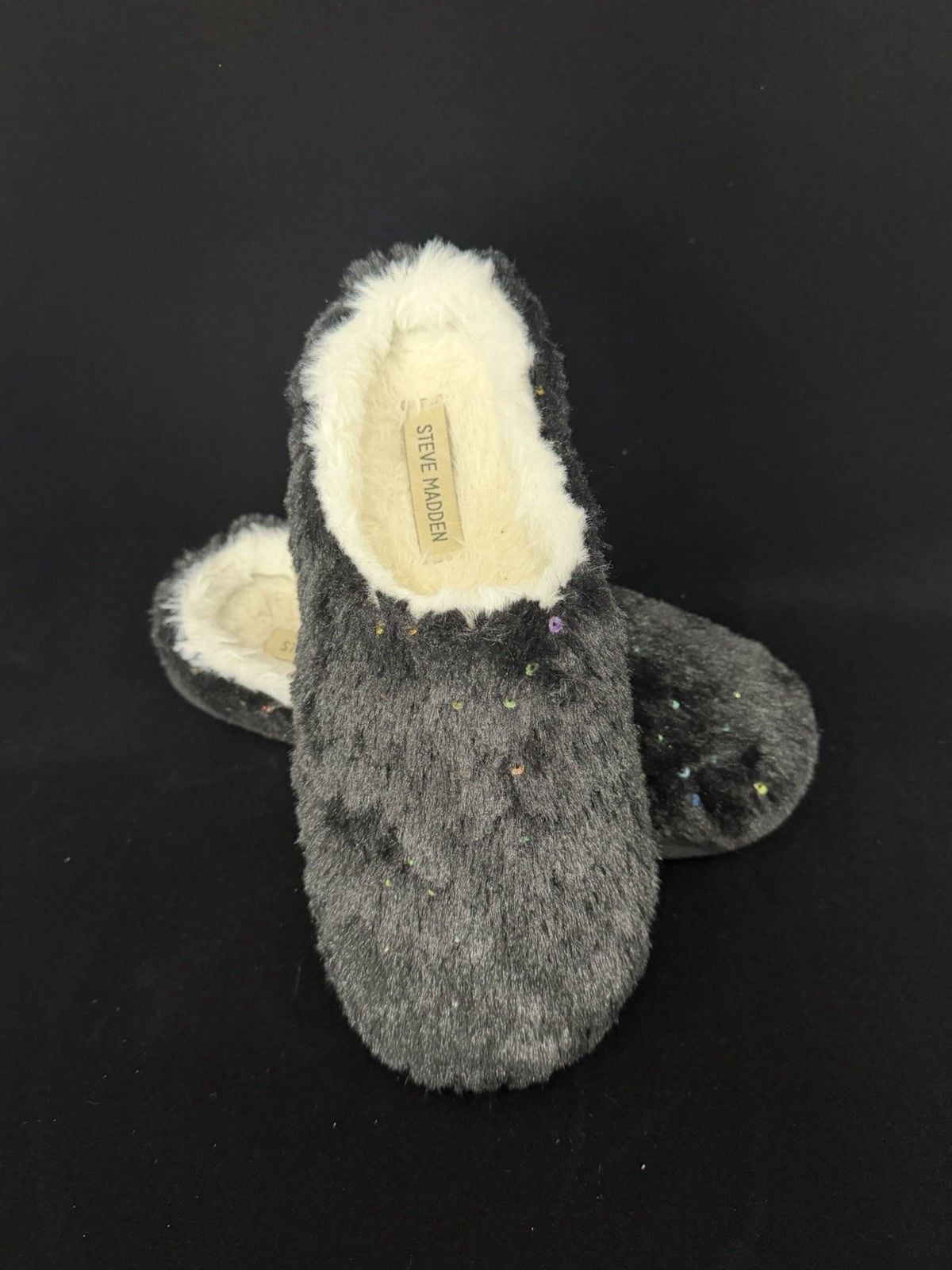 Steve Madden Women’s Black Faux Fur Sequin Slip-On Closed Toe Slippers US 9 3