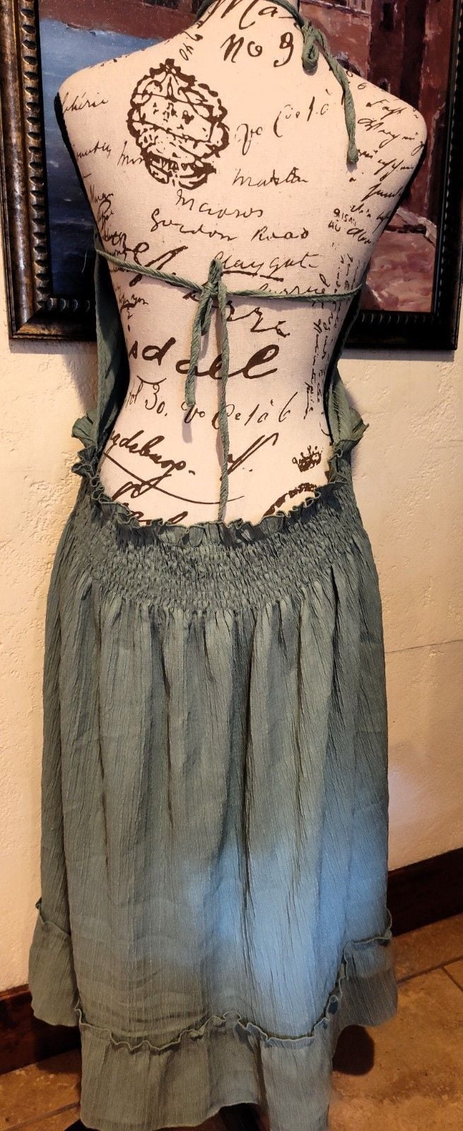 Moss Green Stretch Crinkle Tie Back Halter Dress w Ruffles Adjustable Sz M/XL 3