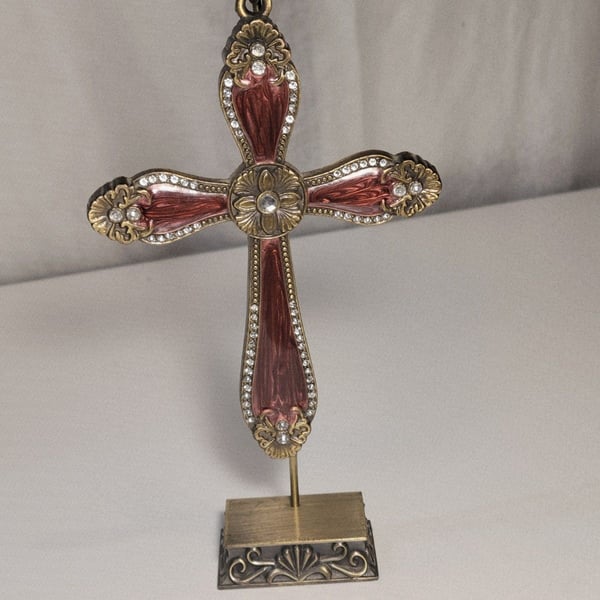 Vintage Style Ornate Red Enamel Rhinestone Cross Ornament on Metal Display Stand