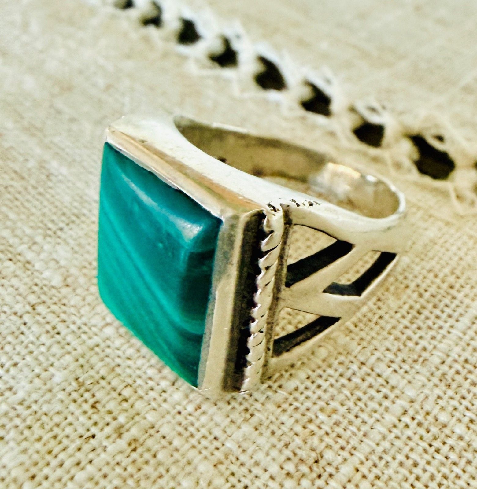 Sterling Silver Large Square Malachite Ring Southwestern Size 7 Statement 4