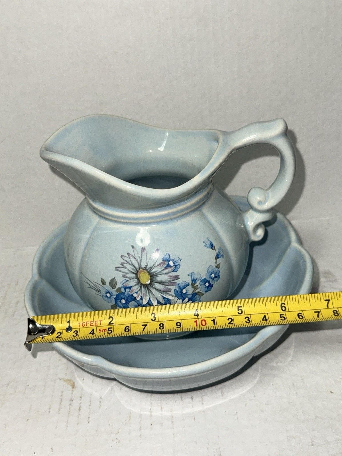 Vintage Blue Daisy Pitcher & Wash Basin Set USA Pottery 7528 Cottagecore 3