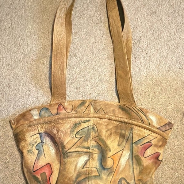 Vintage Sam Sam Hand Painted Leather Shoulder Bag Boho Abstract Wearable Art