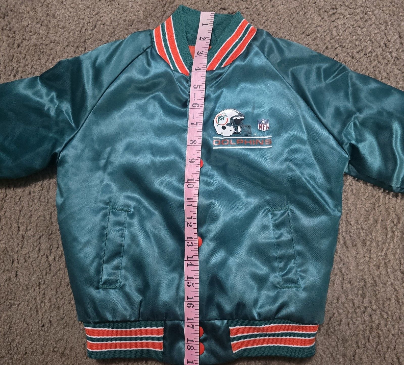 VTG 90s NFL MIAMI DOLPHINS CHALK LINE SATIN JACKET BOMBER SPELLOUT KIDS SZ 6/7 5