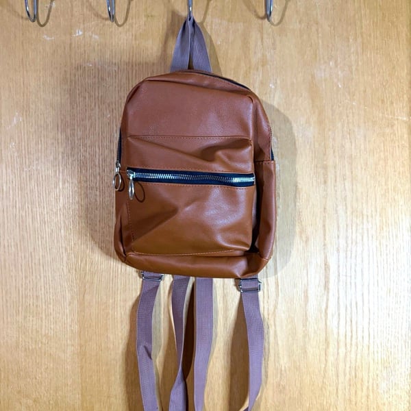 Brown Faux Leather Mini Backpack for Unisex Kids, Zip Closure, Adjustable Strap