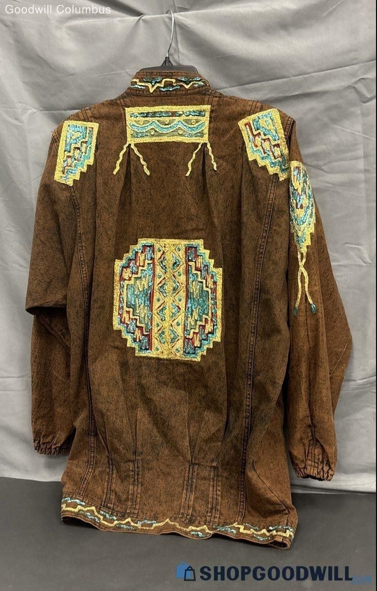VTG 80s Sundance Style Denim Jacket Brown Southwestern Aztec Puff Paint Open 3