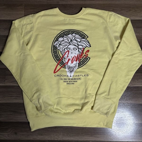 Rare Crooks & Castles Medusa Sweatshirt Yellow Crewneck Mens Size Large