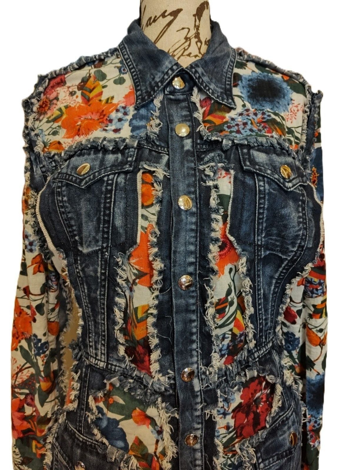 ADORE Distressed Denim Floral Duster Jacket Dress Artsy Boho Western Large EUC 3
