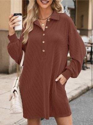 AlvaQ Womens Long Sleeve Dress Loose Button Front Lapel Collared Ribbed-SIZE M 6