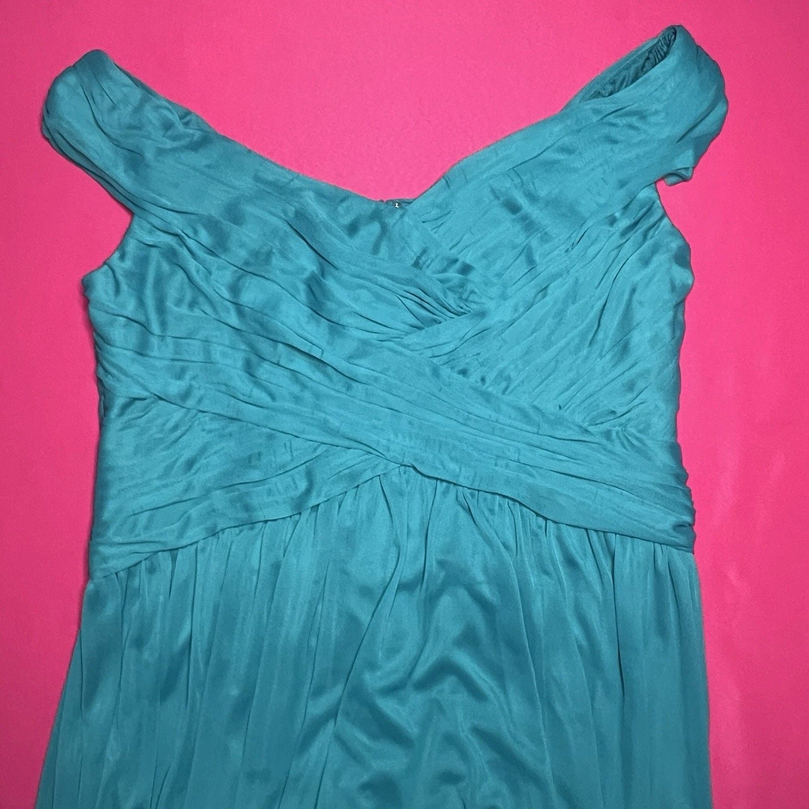 NWT David's Bridal F19951 Oasis Teal Off The Shoulder Mesh Formal Dress Size 16 2