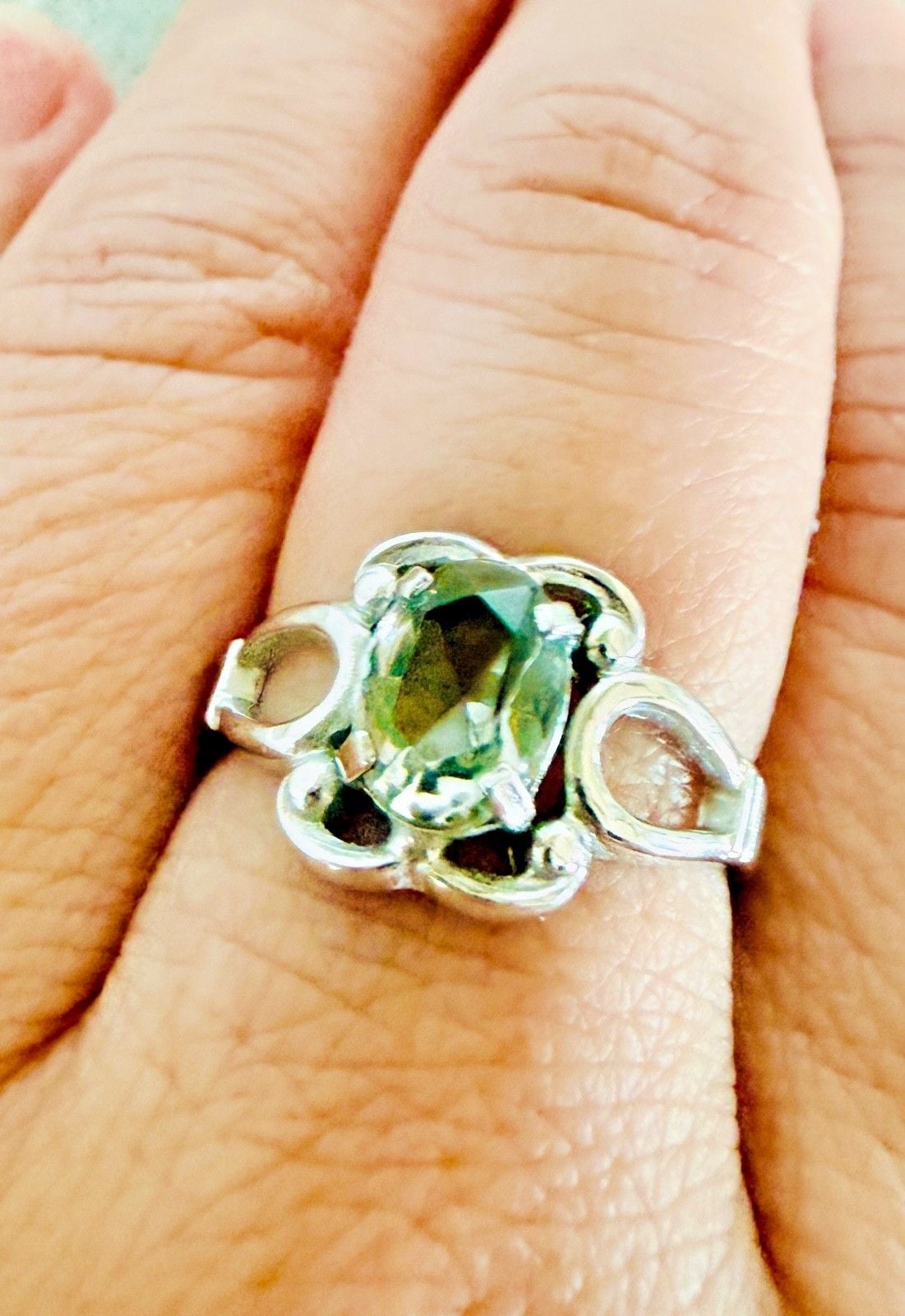Vintage Rhodium Electroplate Ring Smoky Stone Pierced Shoulders Size 6.5 8