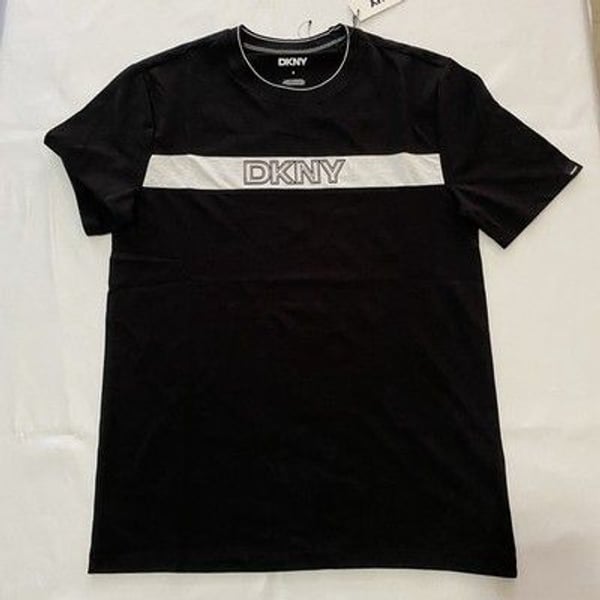 DKNY Men's Black Crew Neck T-Shirt with White Logo Stripe Size S New With Tags