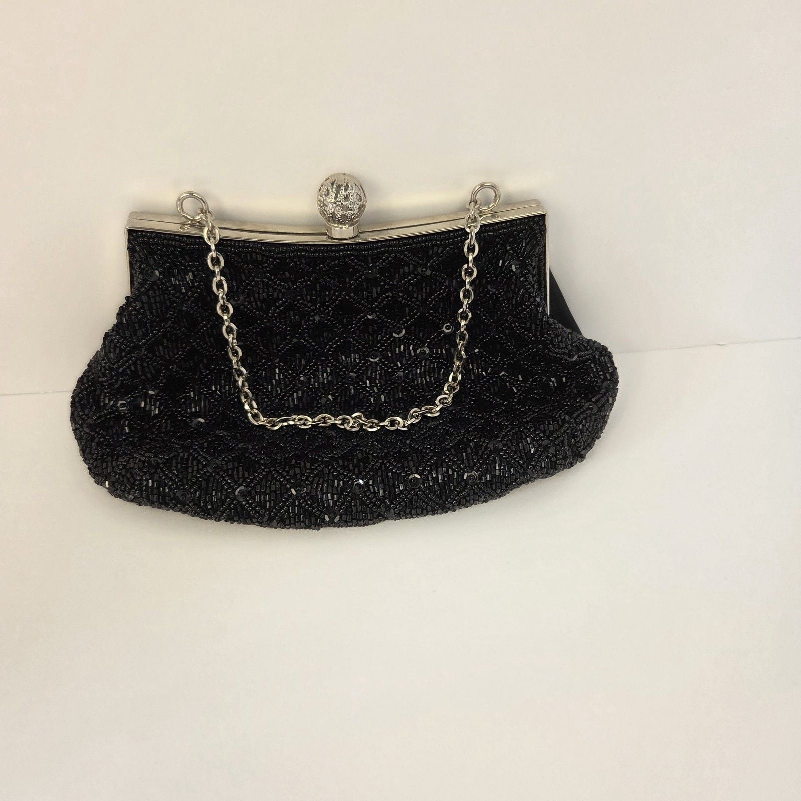 Menbur Black Beaded Clutch Evening Bag Silver Chain Strap Filigree Clasp Closure 8