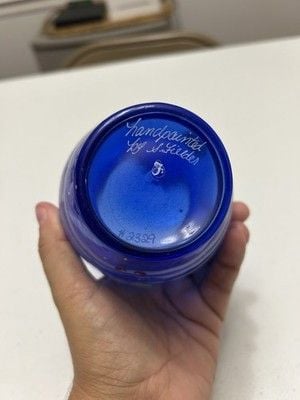 FENTON Artist Signed Cobalt Blue Glass Hand-Painted SNOWMAN Winter Vase 5.5" 5