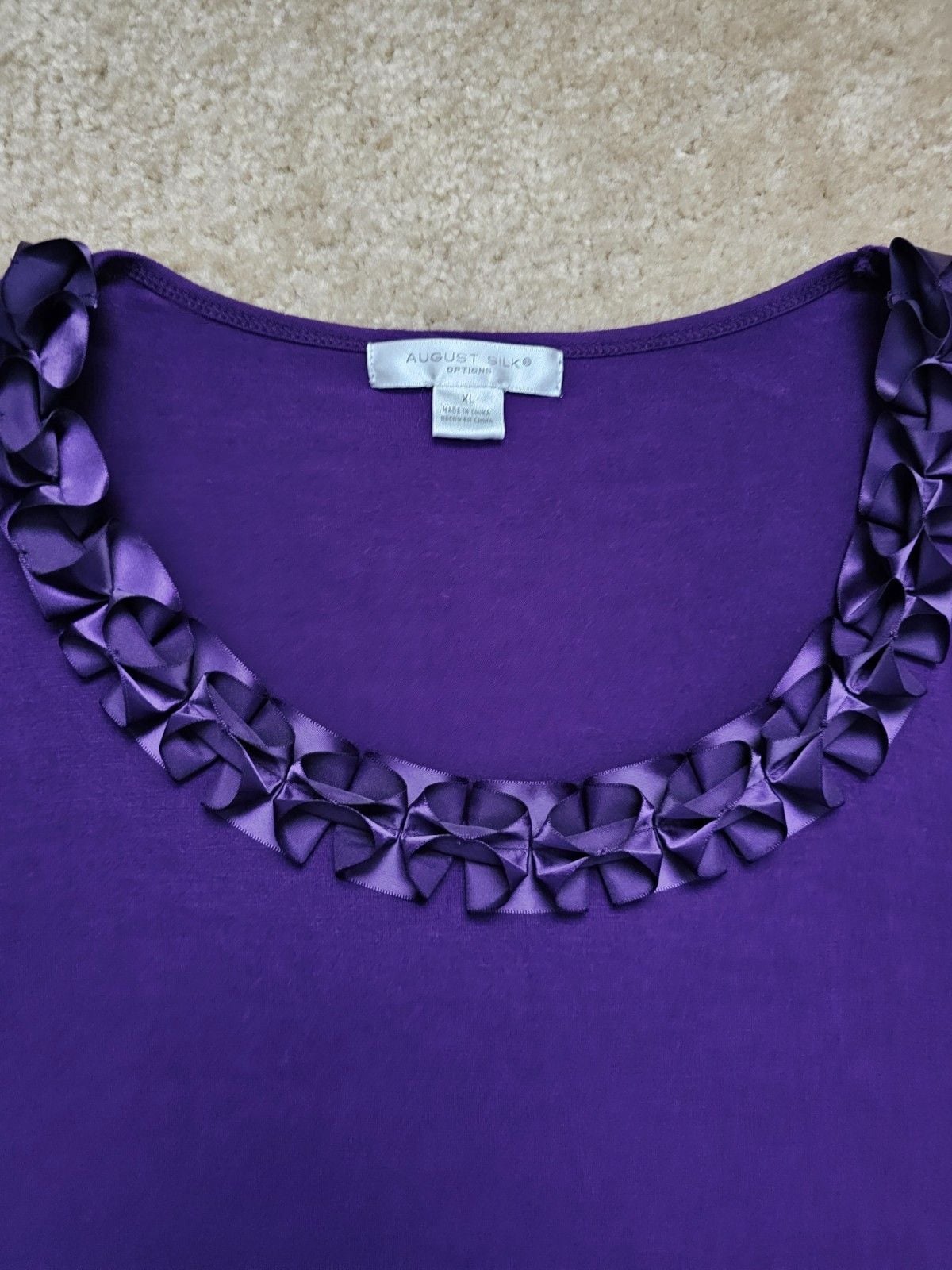 August Silk Women's XL Purple 3/4 Sleeve Top Satin Ruffle Rosette Trim Scoop Nec 6
