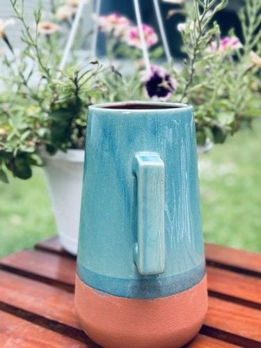 NOS New York Stoneware Handmade Turquoise & Terracotta Drink Pitcher 10” Tall 7
