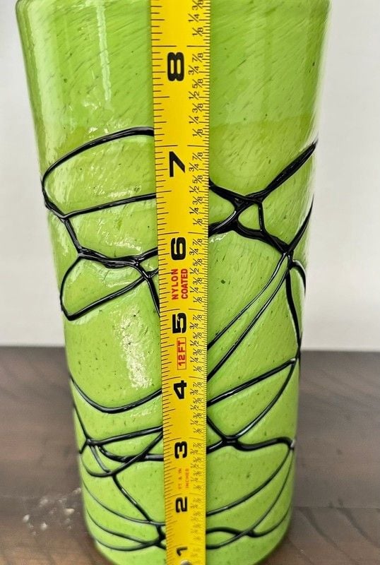 Vintage Murano Style Lime Green Blown Art Glass Vase with Applied Black Spaghett 6