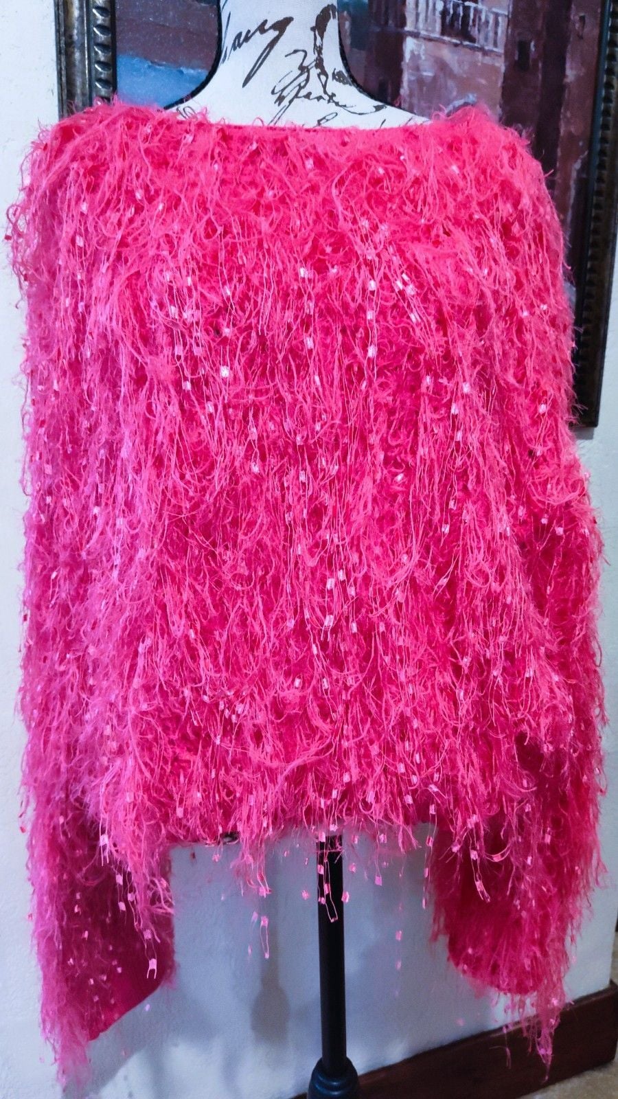 Davi & Dani Hot Pink Oversized Thick Trendy Chic Shaggy Fringe Sweater Sz M 2