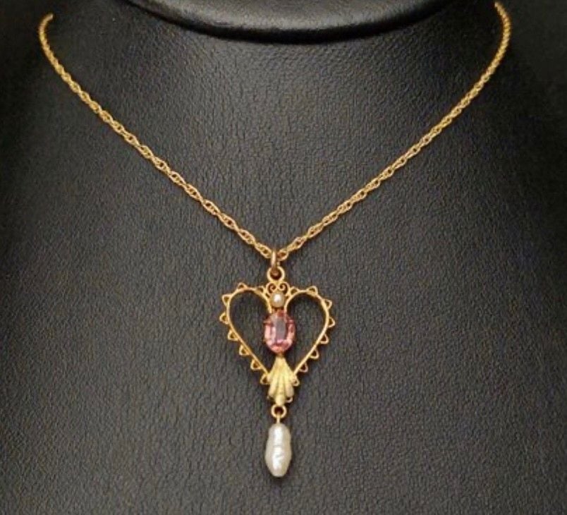 Antique Art Nouveau 12K GF Heart Lavalier Necklace Pink Stone Natural Pearl 6