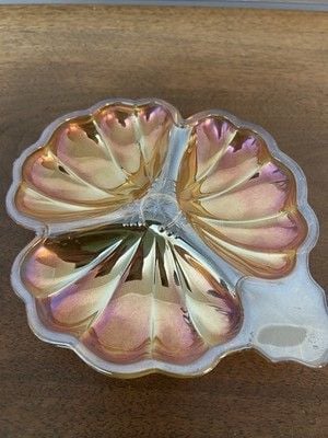 Vintage Jeannette Carnival Glass Marigold 3 Leaf Clover Candy/Nut Dish 7” W. 2