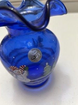 FENTON Artist Signed Cobalt Blue Glass Hand-Painted SNOWMAN Winter Vase 5.5" 2