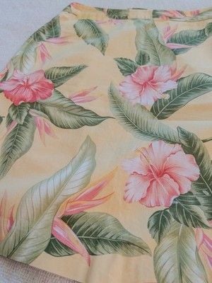 Tommy Bahama Stretch Skirt Size 10 Yellow Tropical Hibiscus Floral Palm Leaf 19" 13