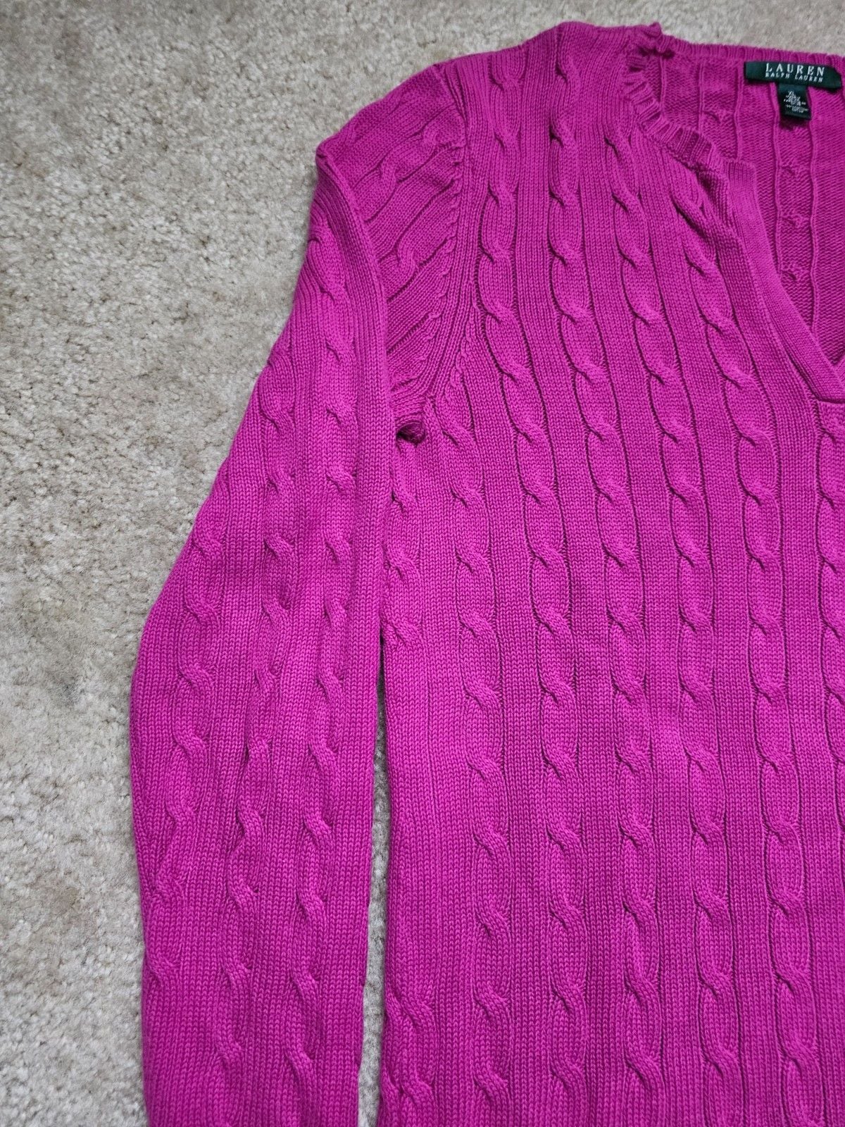 Lauren Ralph Lauren Women XL Pink Cable Knit V Neck 100% Cotton Sweater 3