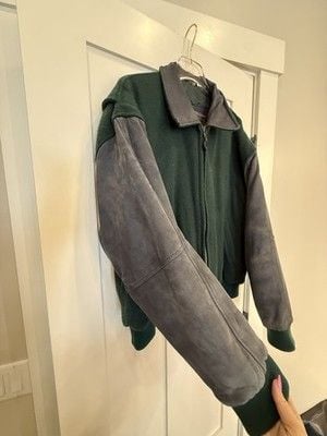 Vintage Field and Stream Bomber Jacket Mens Large Green Wool & Blue Suede 6