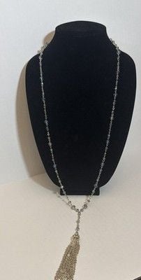 Long Silver Tone Beaded Tassel Necklace | Blue Gray Glass | Boho Costume Jewelry 2