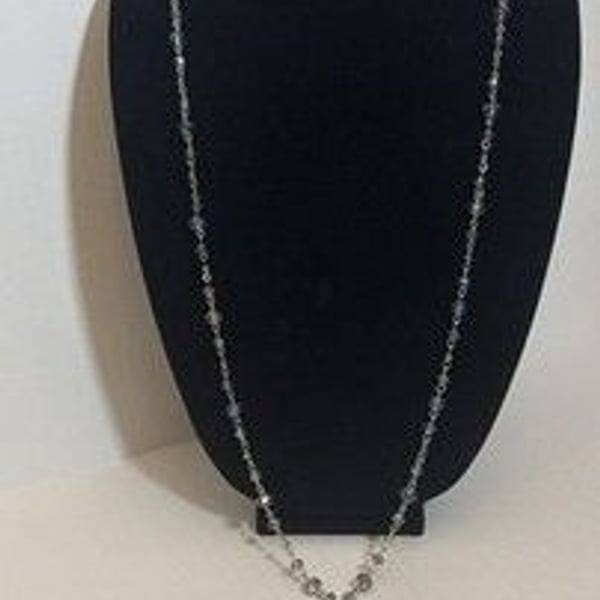 Long Silver Tone Beaded Tassel Necklace | Blue Gray Glass | Boho Costume Jewelry