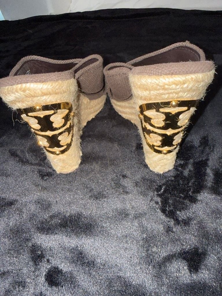 Tory Burch Brown Canvas Wedge Sandals with Gold Accent 4