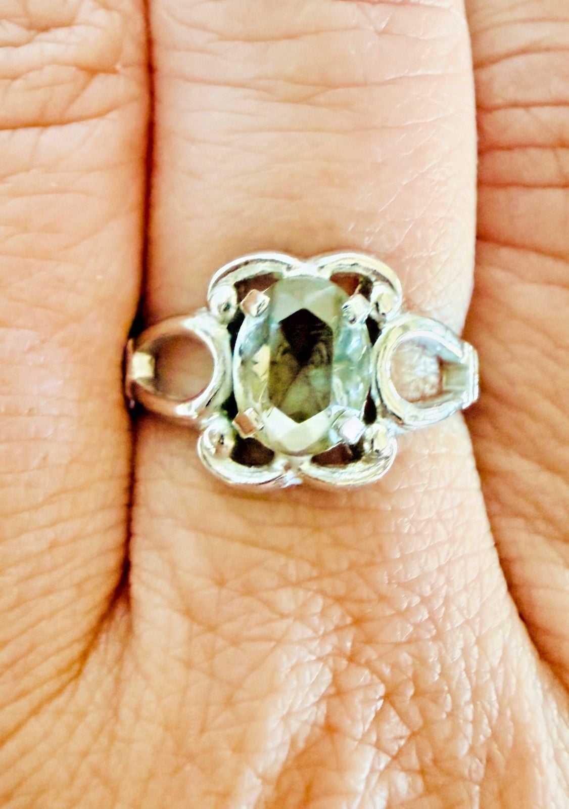 Vintage Rhodium Electroplate Ring Smoky Stone Pierced Shoulders Size 6.5 5