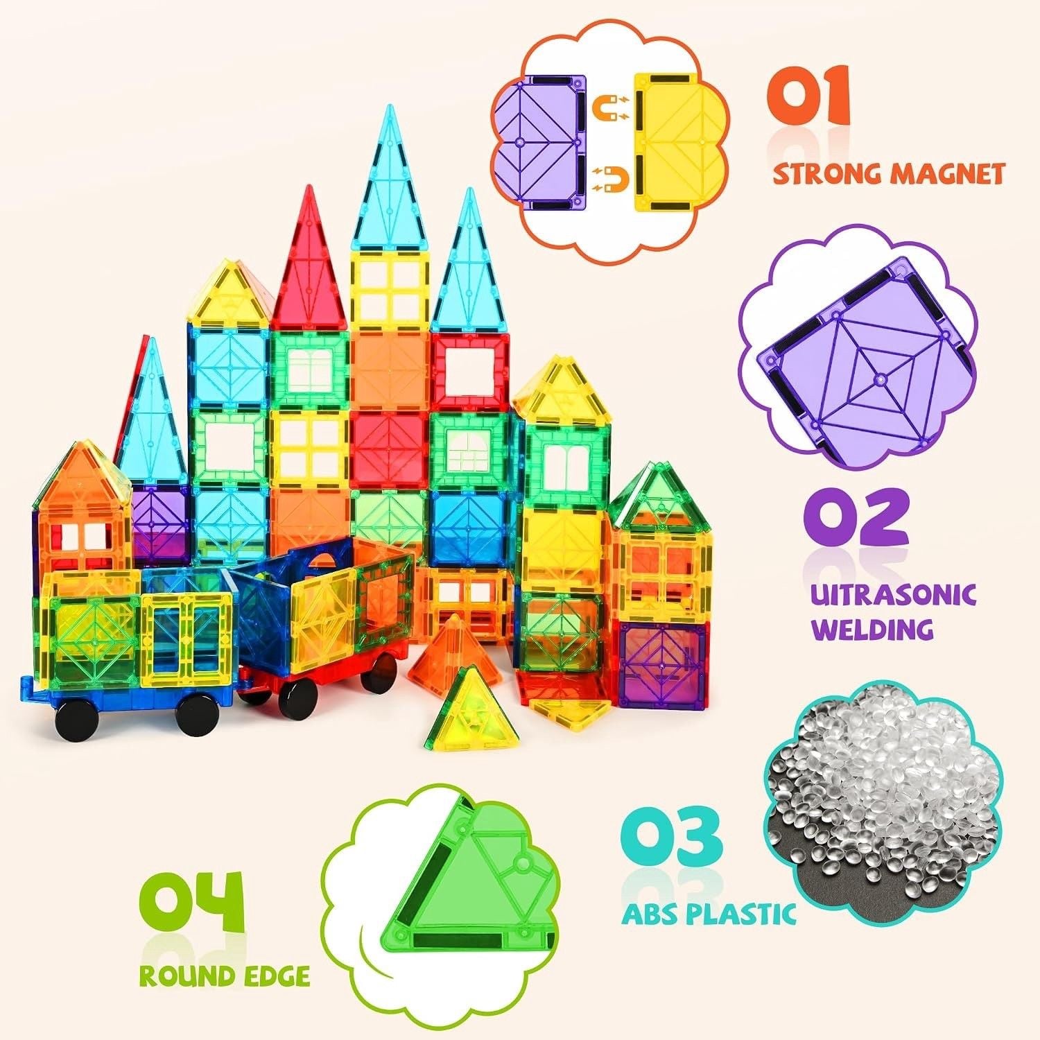 220 Pcs Magnetic Tiles, 3D Magnetic Blocks Set with 2 Cars, STEM Toys 4