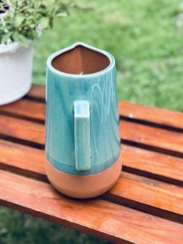 NOS New York Stoneware Handmade Turquoise & Terracotta Drink Pitcher 10” Tall 16