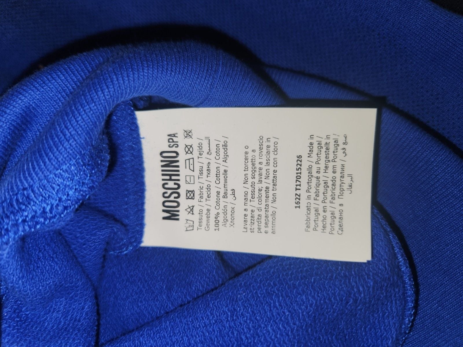Moschino Men’s L Blue Pullover Hooded Fleece Hoodie Graphic Print Logo NWT 9
