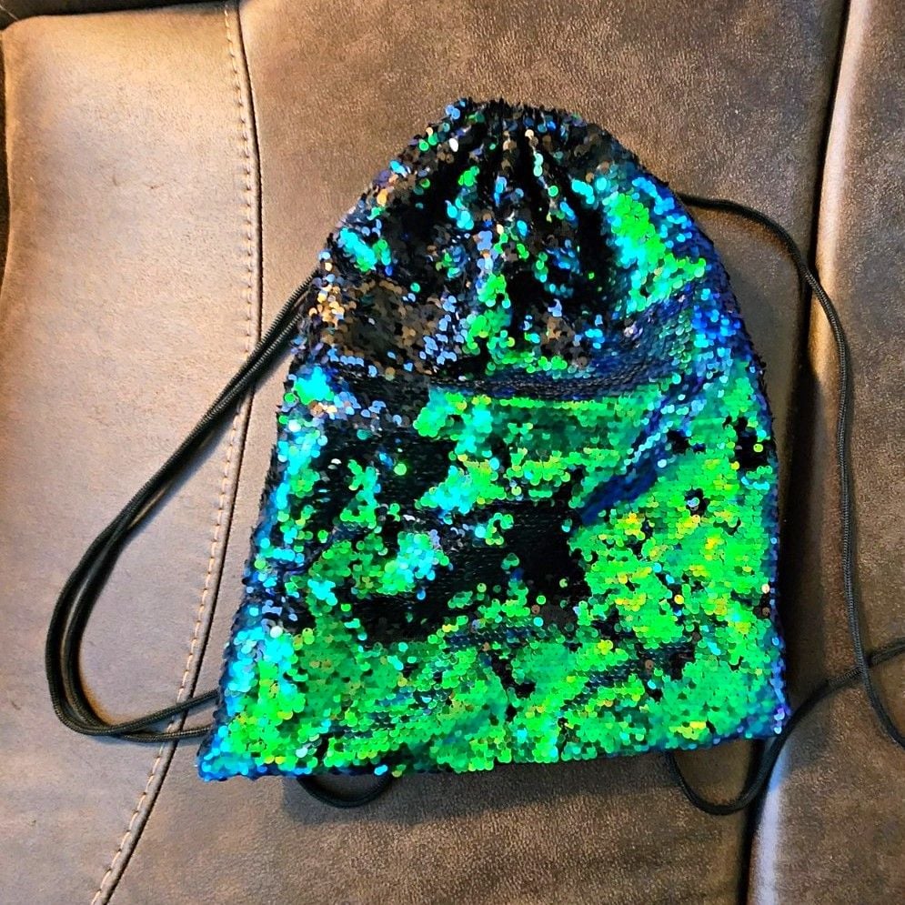 Reversible Sequin Drawstring Backpack Bag Green/Blue/Black Colorful 2