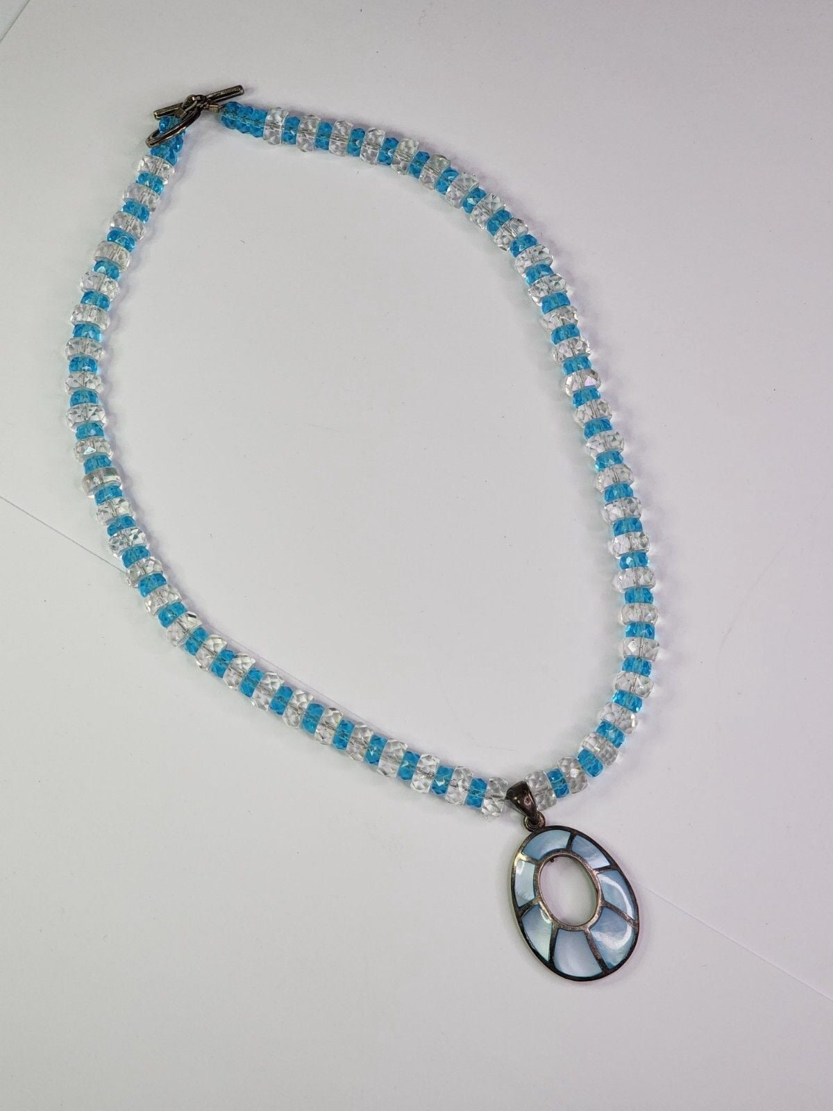 Sterling Silver Blue Mother Of Pearl Inlay Pendant On Blue and White Necklace 2