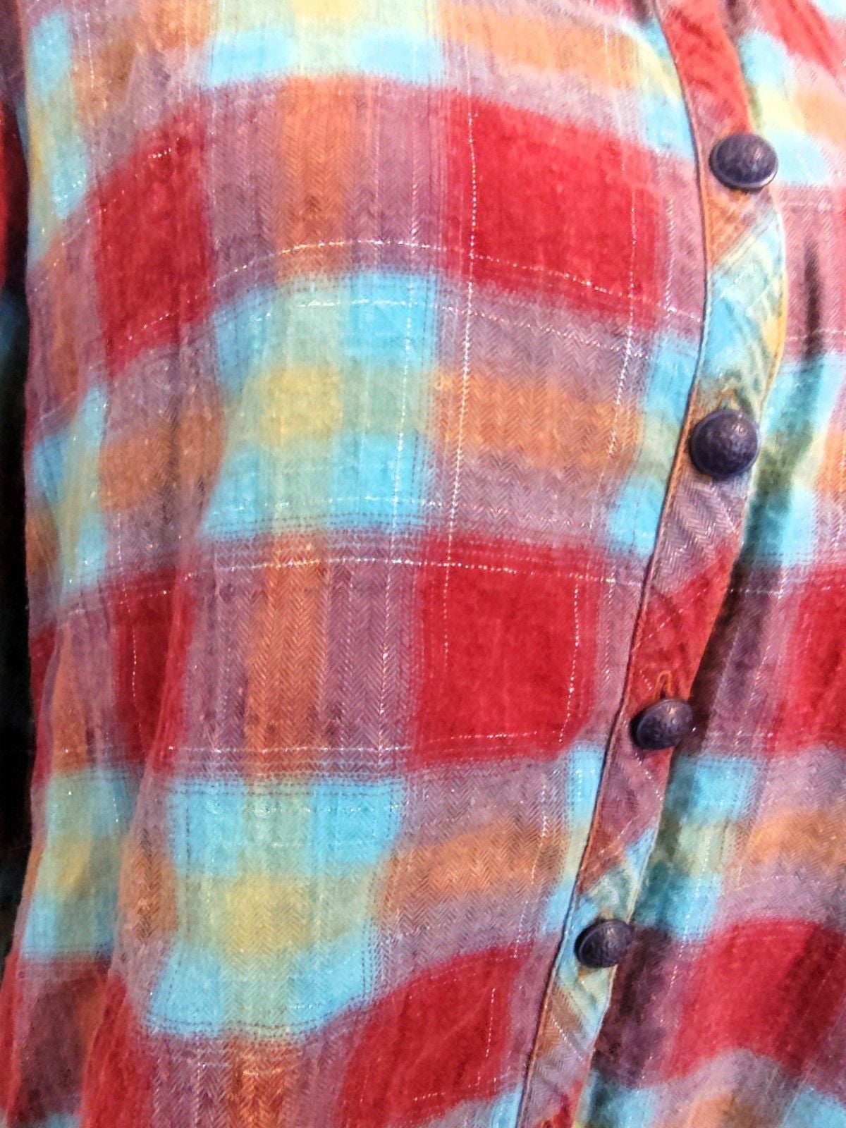 Aratta Pink & Blue Boho Plaid Button Down w Beautiful WaterColor Seascape Sz S 3