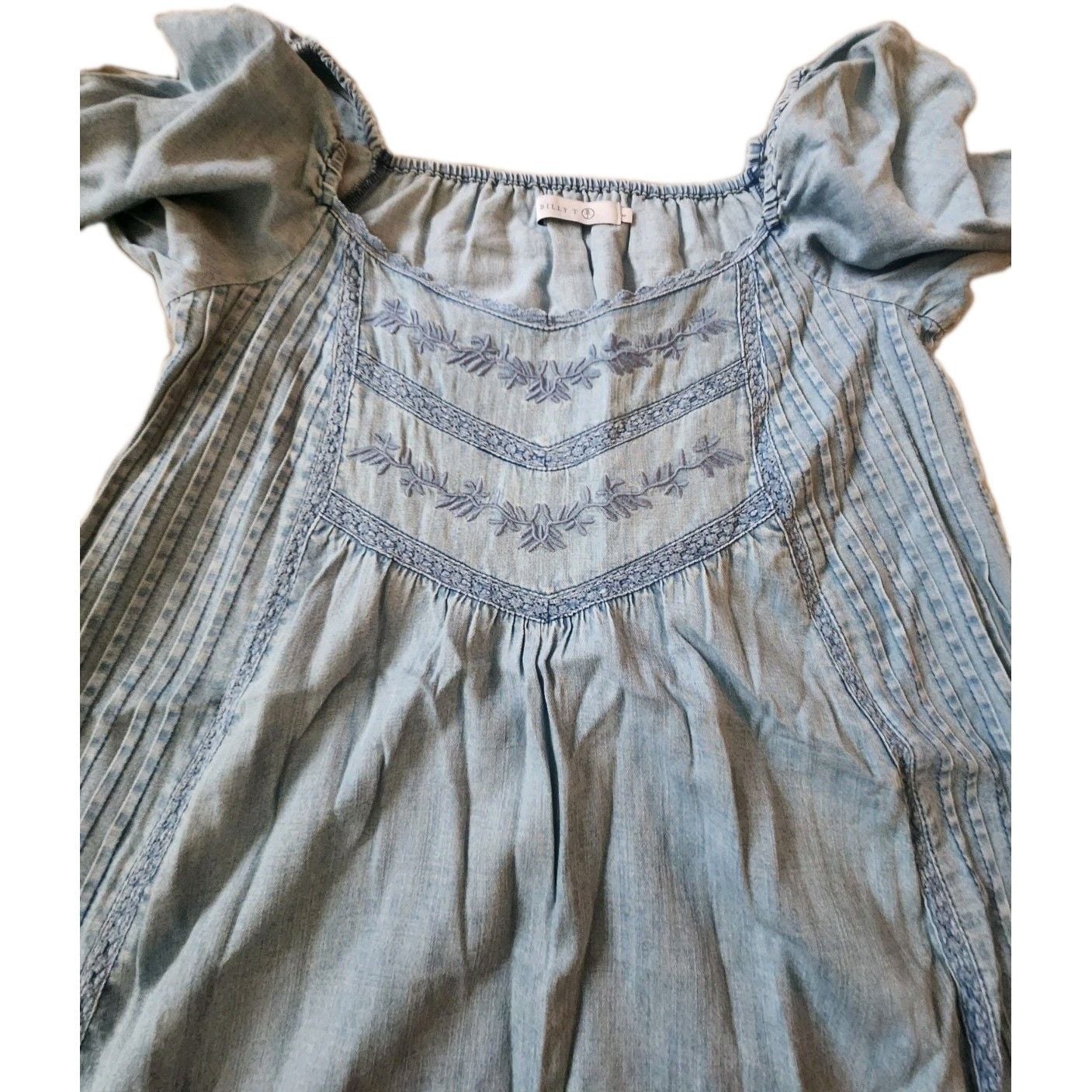 Billy T Women’s Blue Denim Shift Dress Short Embroidered Puff Sleeve S 3
