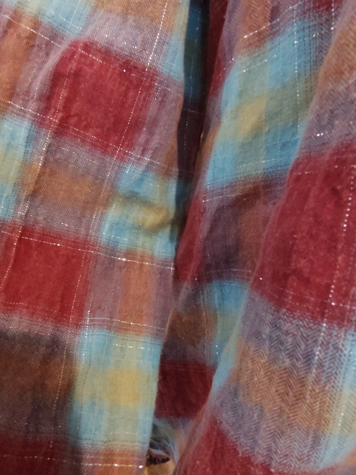 Aratta Pink & Blue Boho Plaid Button Down w Beautiful WaterColor Seascape Sz S 6