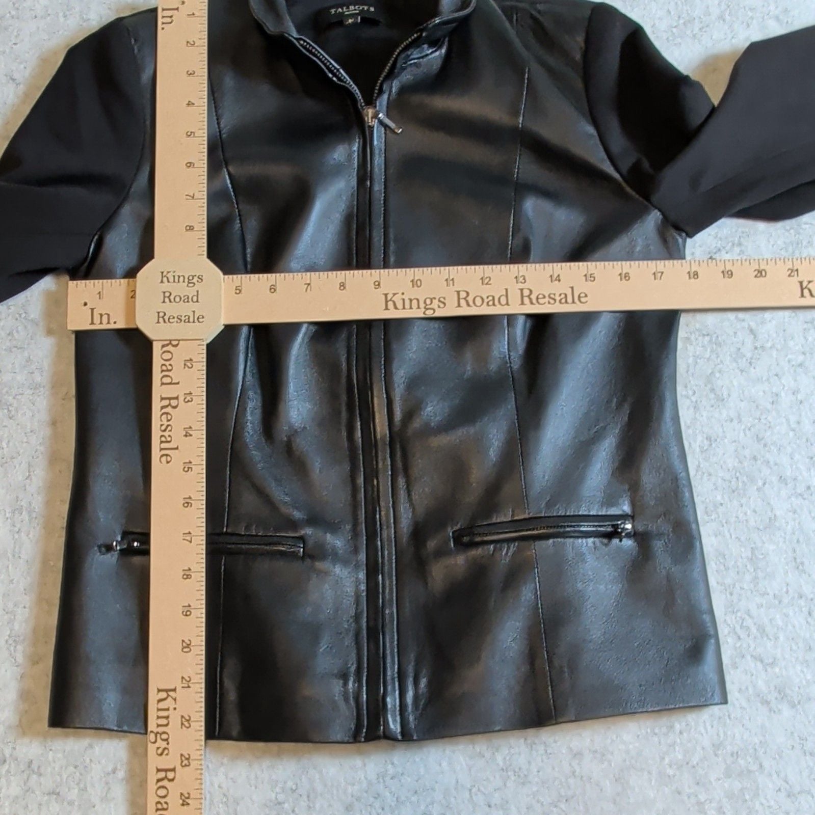 Talbots Petites Womens Black Leather Zip Front Jacket Collared Pockets 8P 3