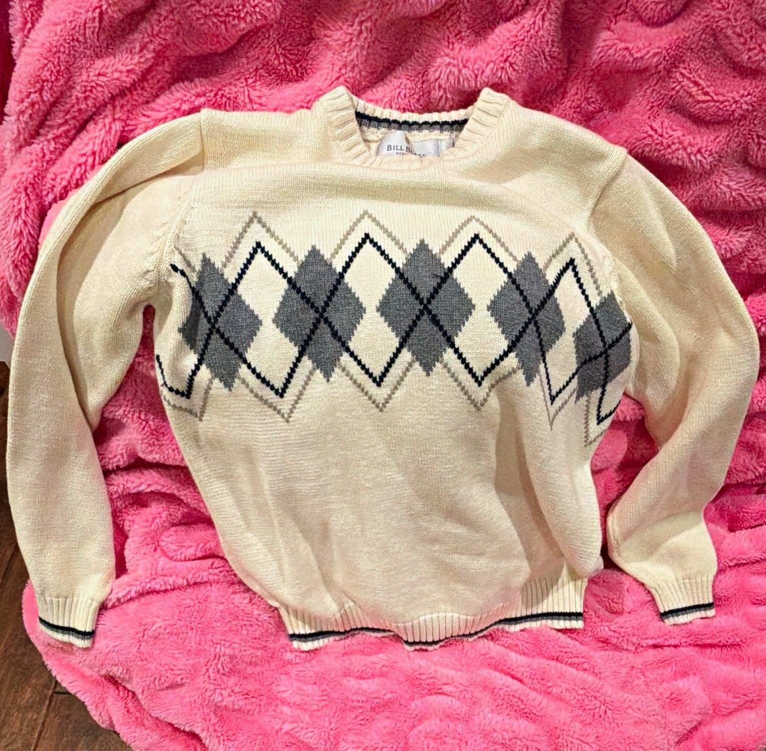Bill Blass Men's Ivory Argyle Knit Crewneck Pullover Sweater Long Sleeve M 2