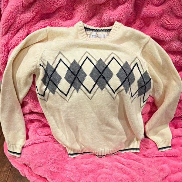 Bill Blass Men's Ivory Argyle Knit Crewneck Pullover Sweater Long Sleeve M