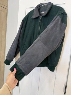 Vintage Field and Stream Bomber Jacket Mens Large Green Wool & Blue Suede 4