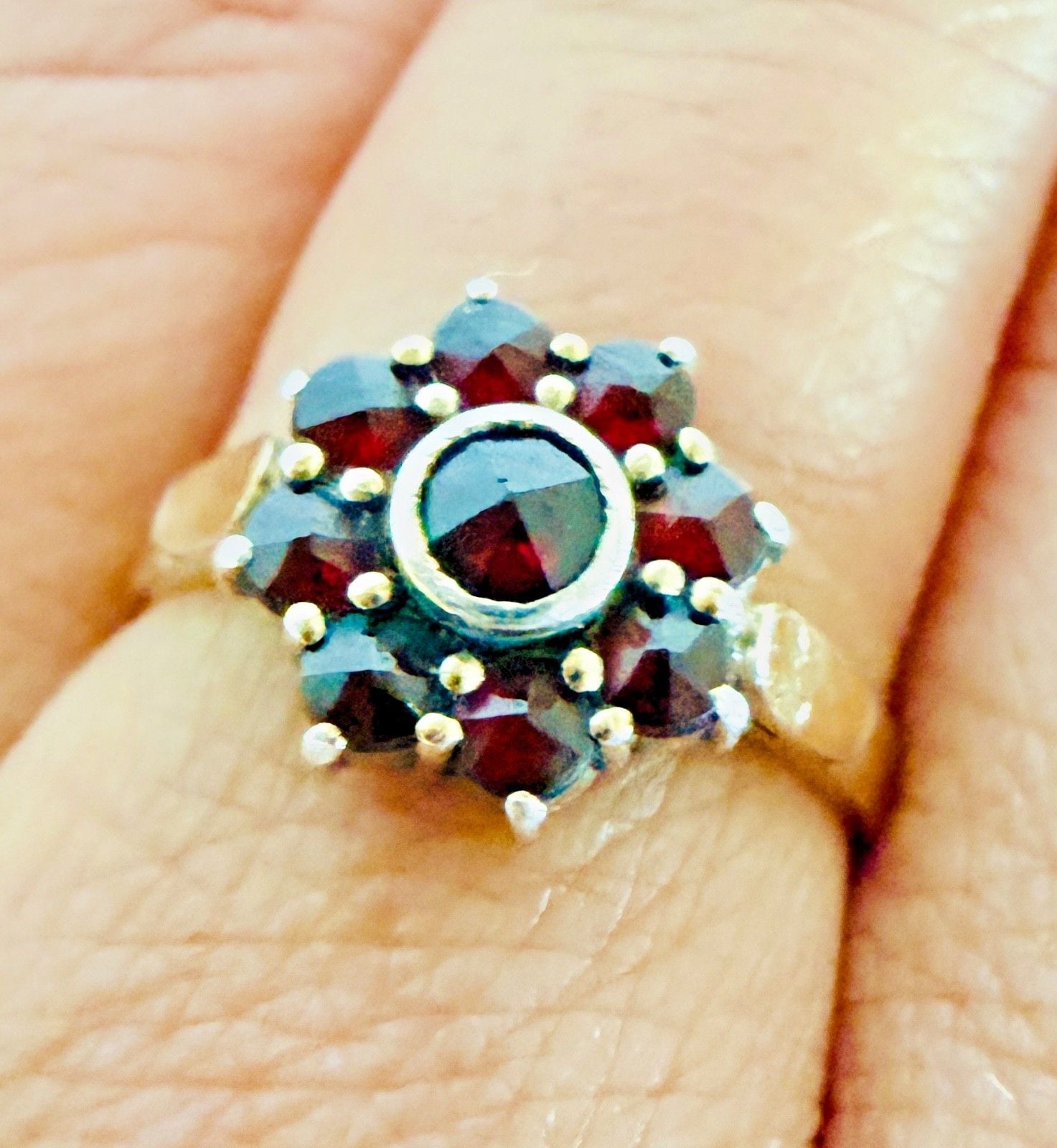 Antique Bohemian Garnet Cluster Ring Silver Gilt Rose Cut Stones Size 6 3