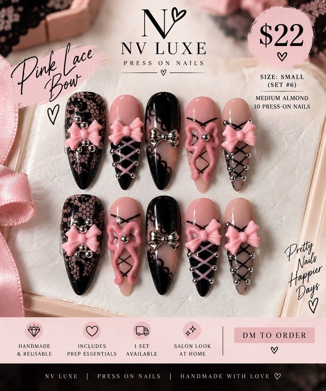 Reusable Pink Black Lace Bow Press On Nails Size S Almond Set #006 2
