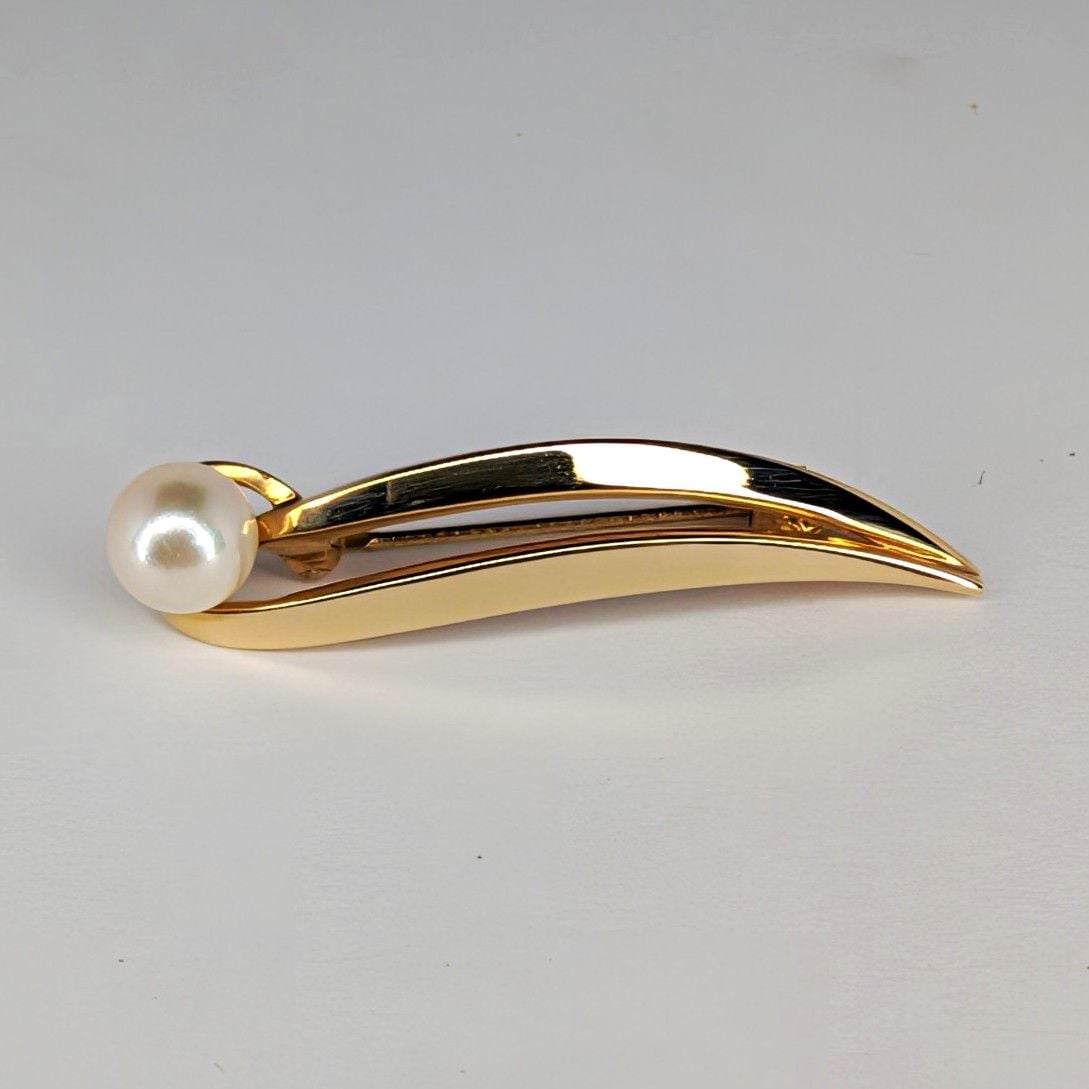 14k Yellow Gold Signed Brooch Pin w/ 1 Round White Pearl Gemstone 2