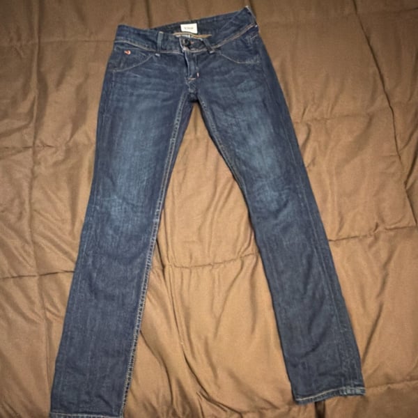 Hudson Women's Blue Straight Stretch Denim Jeans 5-Pocket Zip Button Logo Accent
