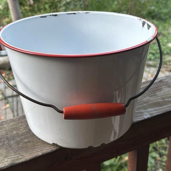 Vintage Enamelware Pail Bucket White Red Trim Wood Handle Farmhouse Decor