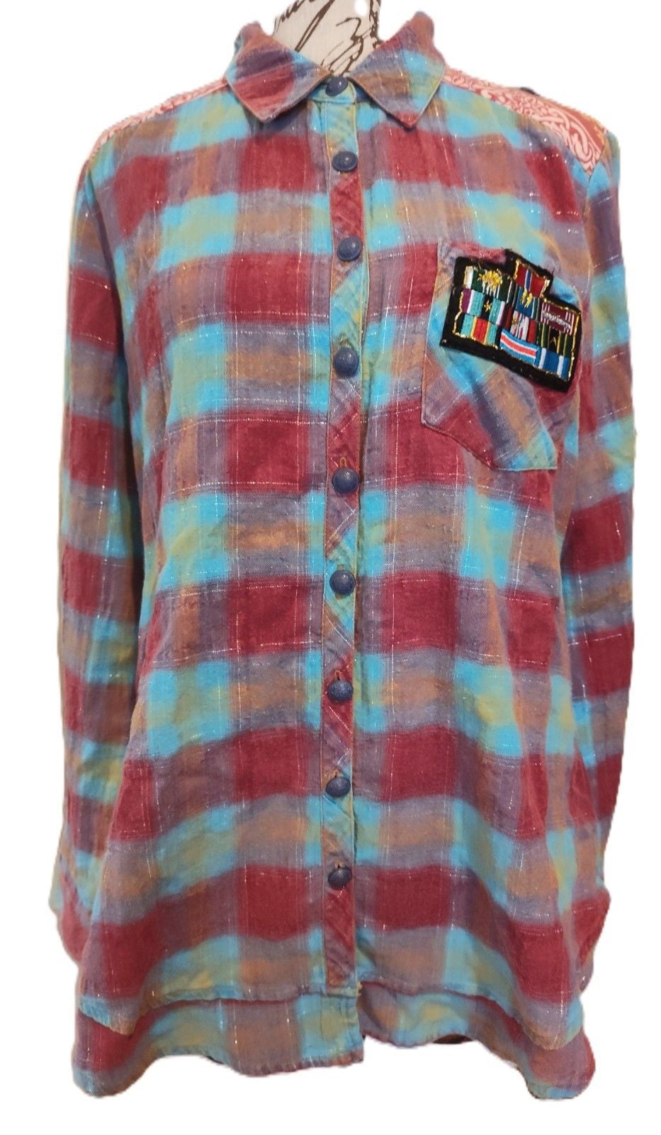 Aratta Pink & Blue Boho Plaid Button Down w Beautiful WaterColor Seascape Sz S 2