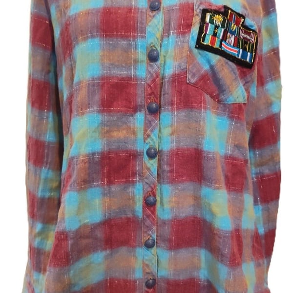 Aratta Pink & Blue Boho Plaid Button Down w Beautiful WaterColor Seascape Sz S